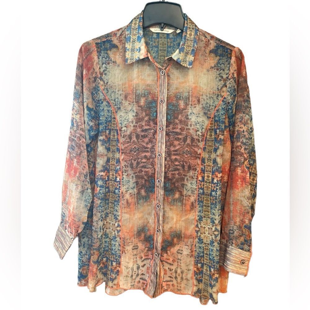 Soft Surroundings Sz XS Sheer Fall Color Orange Piping Detail Button Down Shirt